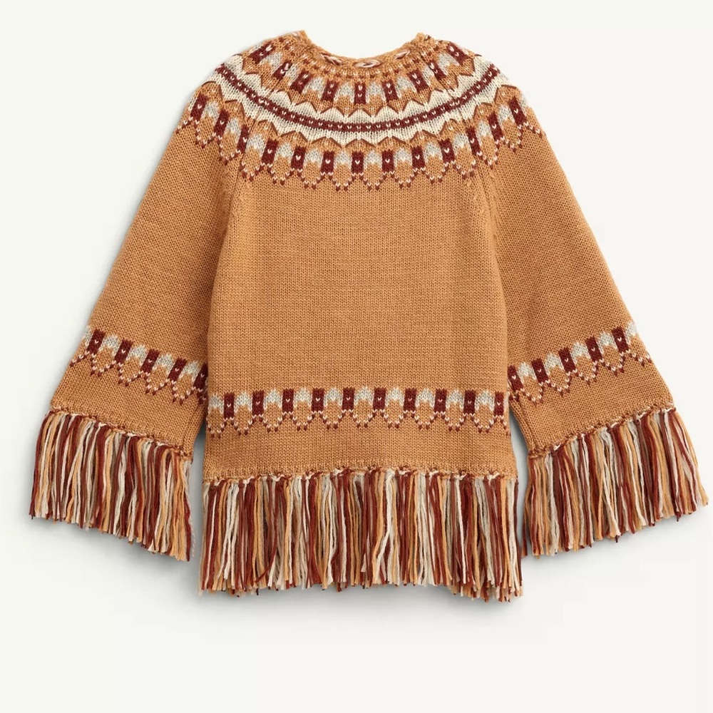 Zara Limited Edition 100% Wool Jacquard Knit Poncho with Fringed Trim NWT - Picture 5 of 6